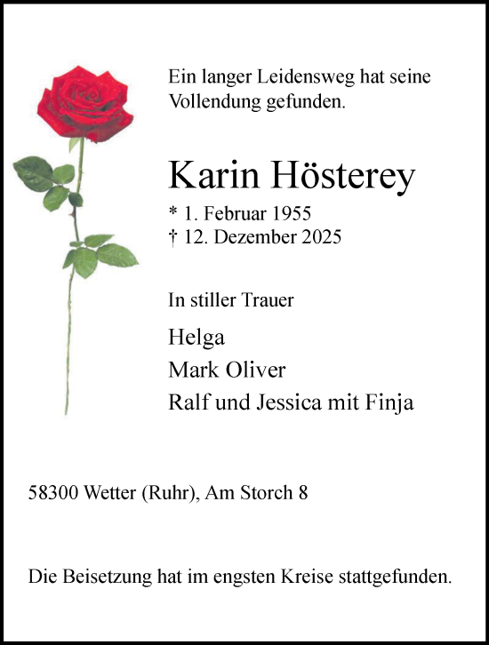 Traueranzeige von Karin Hösterey von Tageszeitung