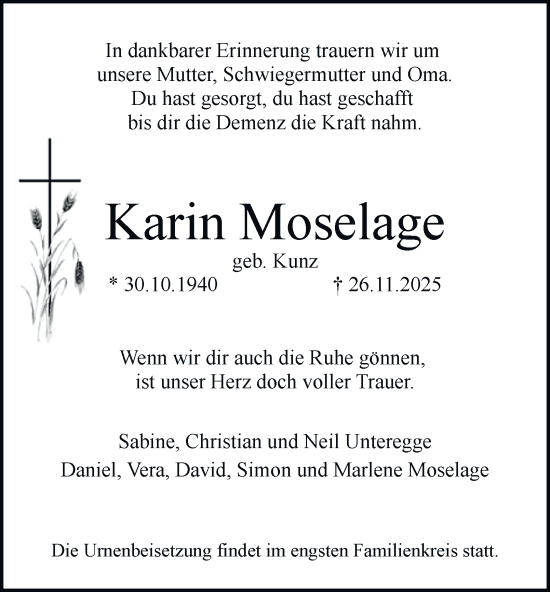 Traueranzeige von Karin Moselage von Tageszeitung
