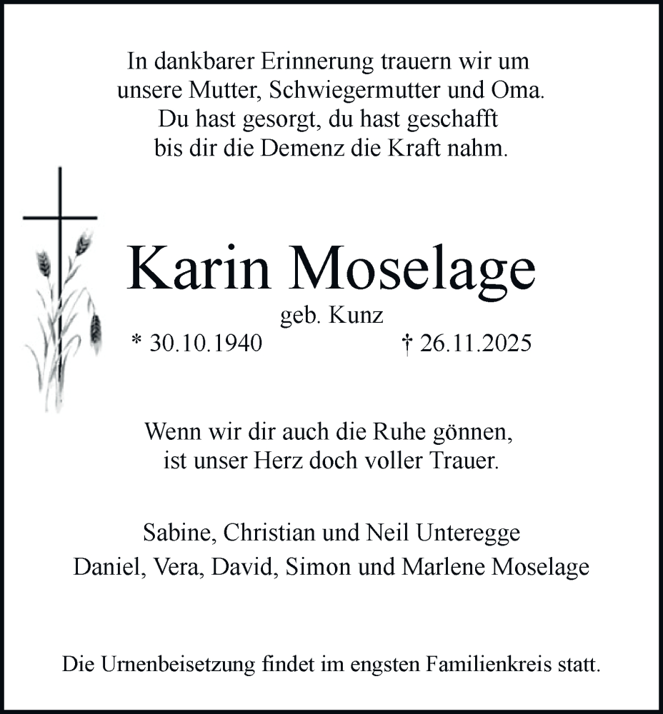  Traueranzeige für Karin Moselage vom 13.12.2025 aus Tageszeitung