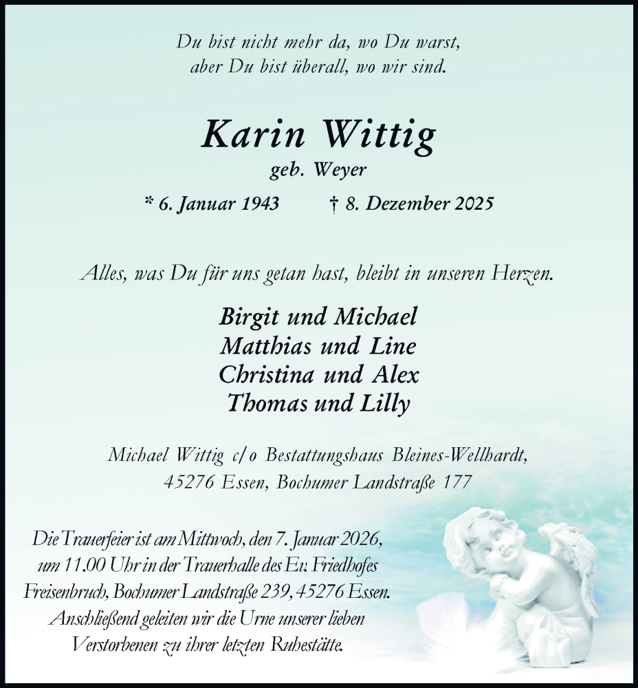  Traueranzeige für Karin Wittig vom 27.12.2025 aus Tageszeitung