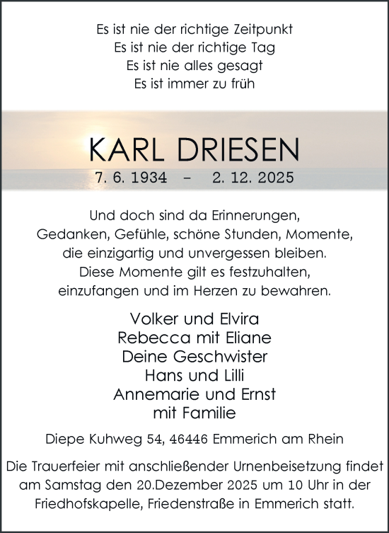 Traueranzeige von Karl Driesen von Tageszeitung