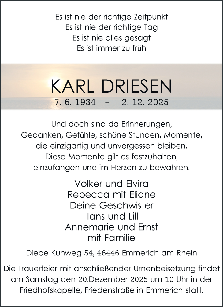  Traueranzeige für Karl Driesen vom 13.12.2025 aus Tageszeitung