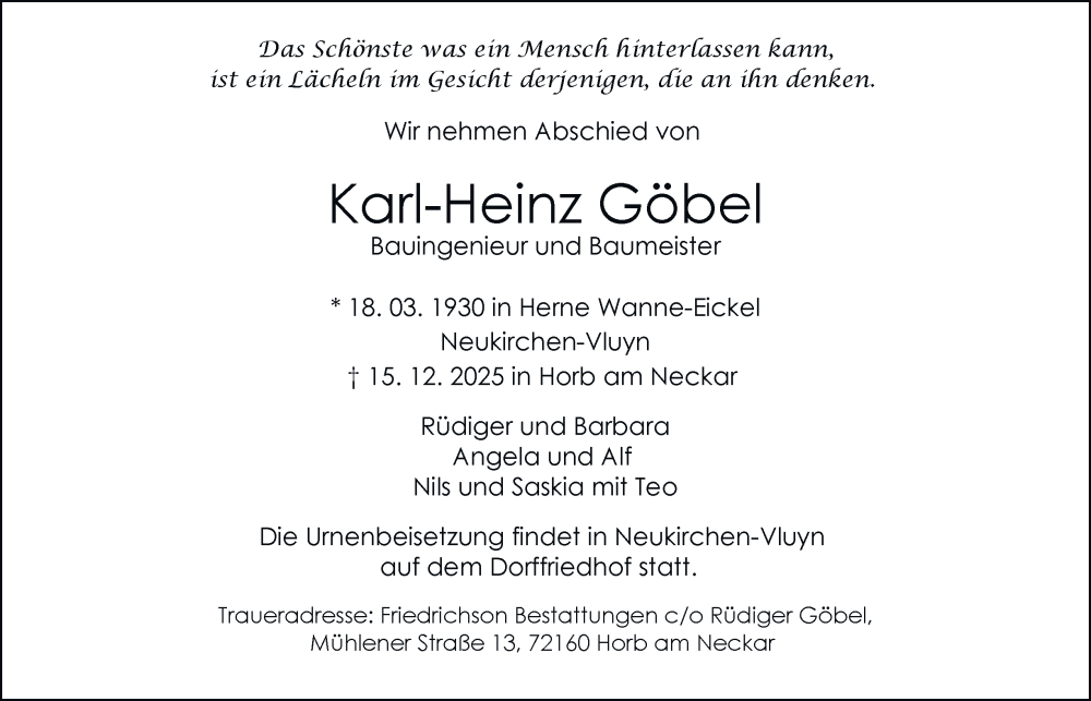  Traueranzeige für Karl-Heinz Göbel vom 20.12.2025 aus Tageszeitung