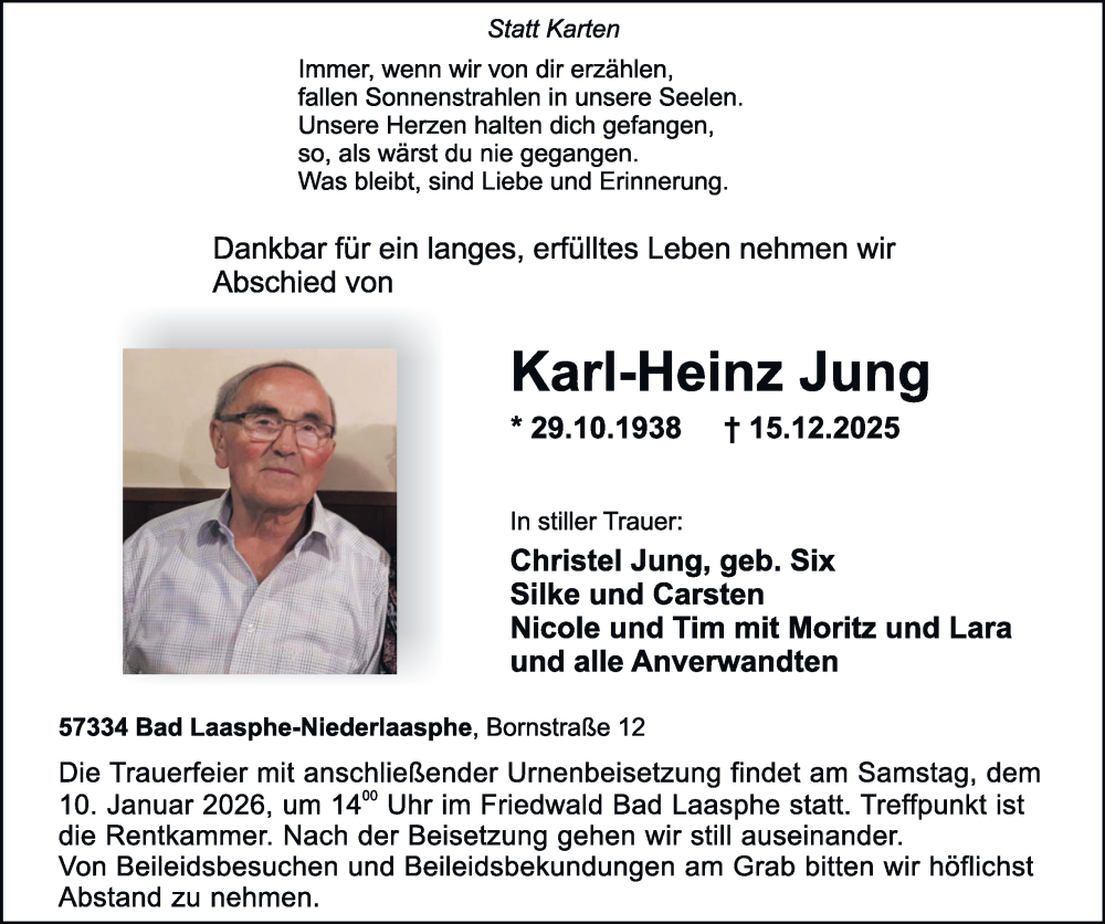  Traueranzeige für Karl-Heinz Jung vom 24.12.2025 aus Tageszeitung