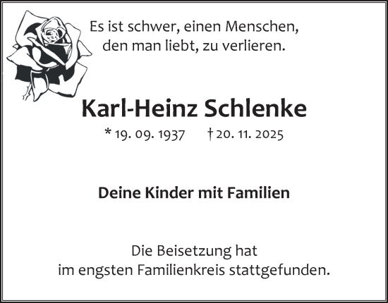 Traueranzeige von Karl-Heinz Schlenke von Tageszeitung