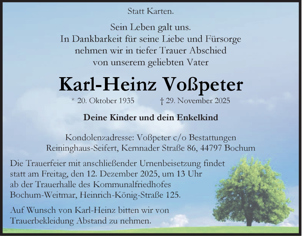  Traueranzeige für Karl-Heinz Voßpeter vom 06.12.2025 aus Tageszeitung