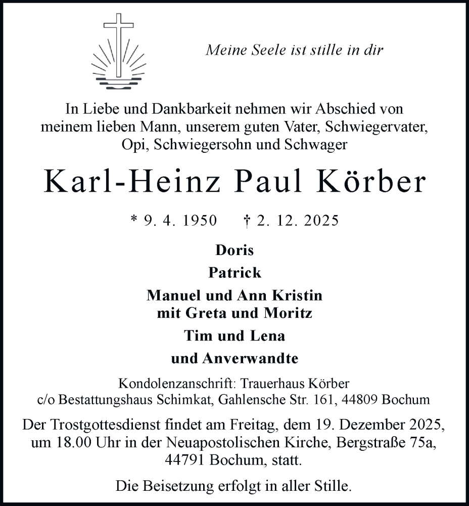  Traueranzeige für Karl-Heinz Paul Körber vom 13.12.2025 aus Tageszeitung