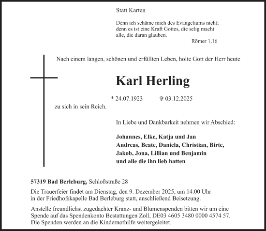Traueranzeige von Karl Herling von Tageszeitung