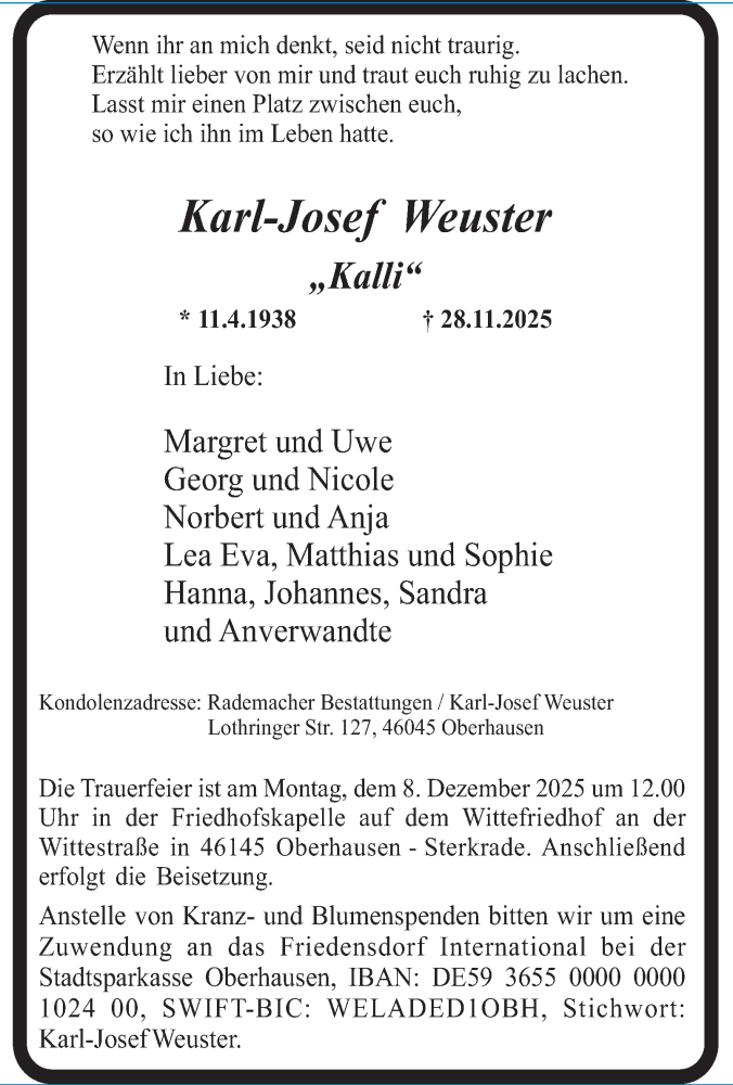  Traueranzeige für Karl-Josef Weuster vom 03.12.2025 aus Tageszeitung