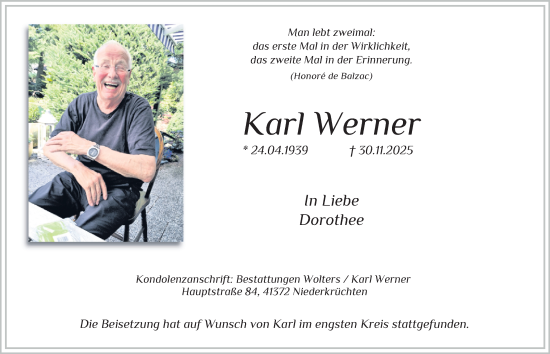 Traueranzeige von Karl Werner von Tageszeitung