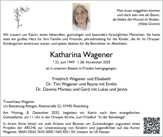 Traueranzeige von Katharina Wagener von Tageszeitung