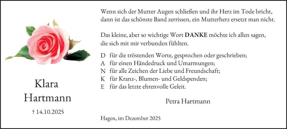  Traueranzeige für Klara Hartmann vom 06.12.2025 aus Tageszeitung