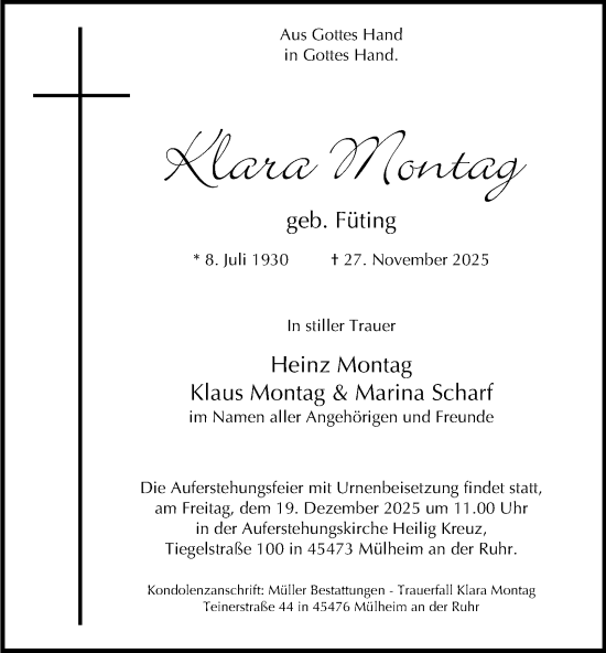 Traueranzeige von Klara Montag von Tageszeitung