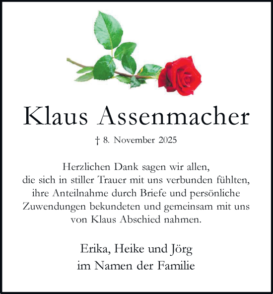 Traueranzeige von Klaus Assenmacher von Tageszeitung