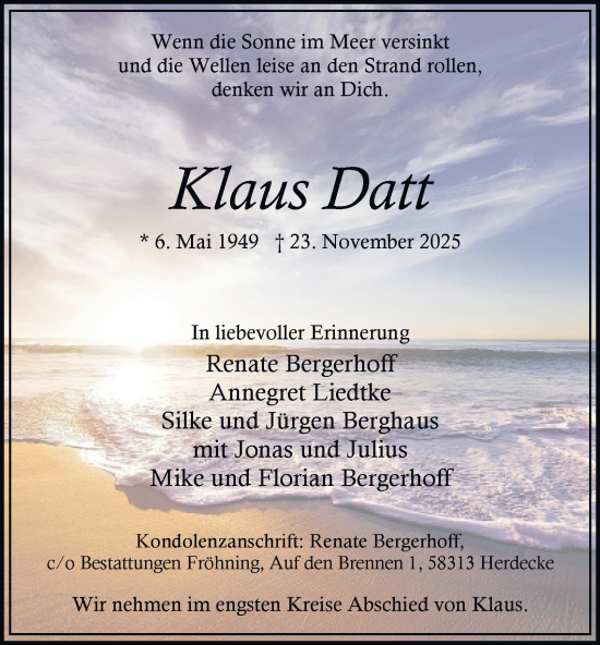 Traueranzeige von Klaus Datt von Tageszeitung