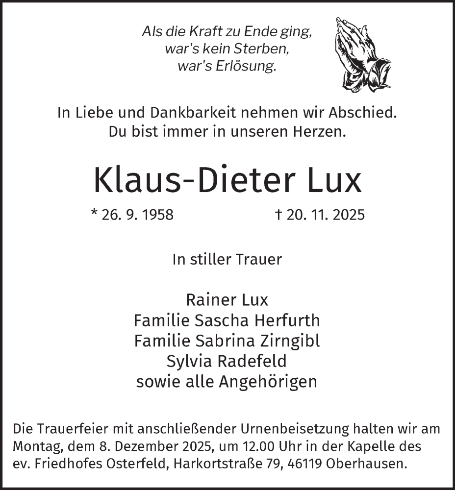  Traueranzeige für Klaus-Dieter Lux vom 06.12.2025 aus Tageszeitung