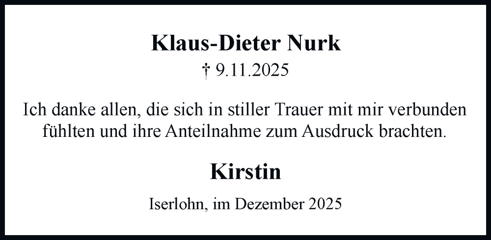  Traueranzeige für Klaus-Dieter Nurk vom 20.12.2025 aus Tageszeitung