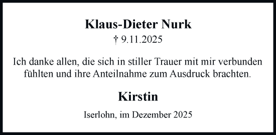 Traueranzeige von Klaus-Dieter Nurk von Tageszeitung