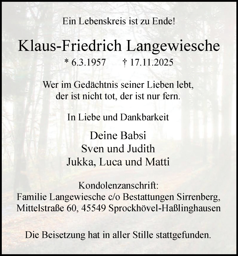  Traueranzeige für Klaus-Friedrich Langewiesche vom 06.12.2025 aus Tageszeitung