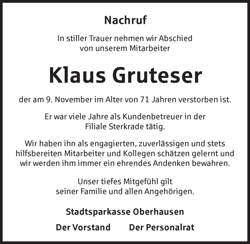  Traueranzeige für Klaus Gruteser vom 13.12.2025 aus Tageszeitung