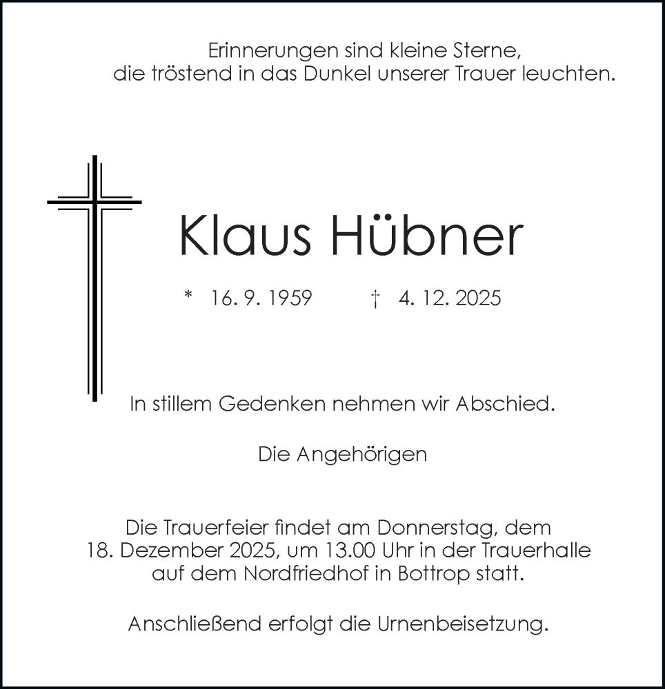  Traueranzeige für Klaus Hübner vom 13.12.2025 aus Tageszeitung
