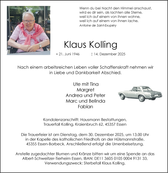 Traueranzeige von Klaus Kolling von Tageszeitung