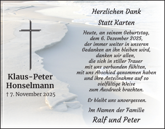 Traueranzeige von Klaus-Peter Honselmann von Tageszeitung