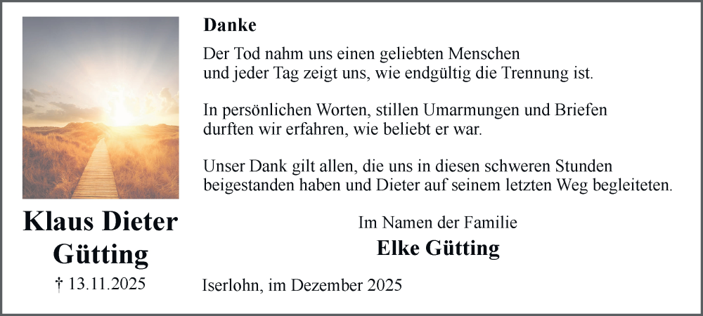  Traueranzeige für Klaus Dieter Gütting vom 13.12.2025 aus Tageszeitung