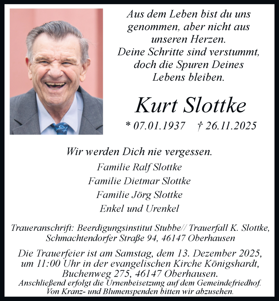  Traueranzeige für Kurt Slottke vom 06.12.2025 aus Tageszeitung