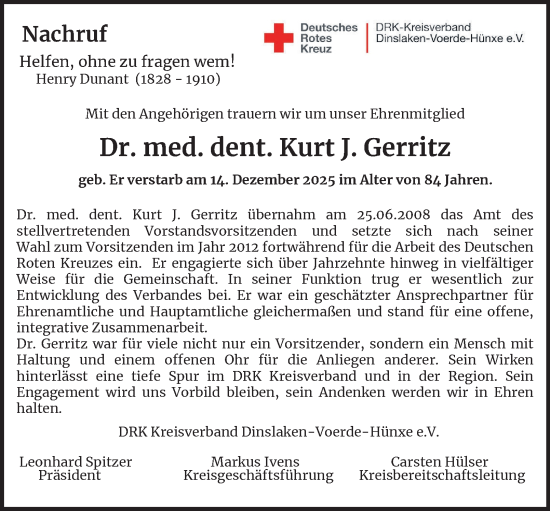Traueranzeige von Kurt J. Gerritz von Tageszeitung