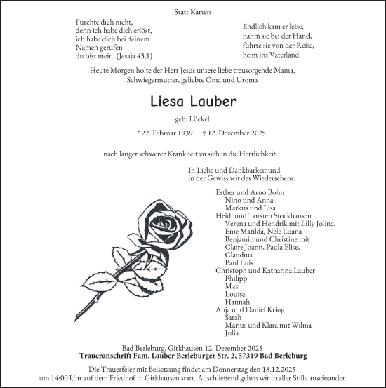 Traueranzeige von Liesa Lauber von Tageszeitung