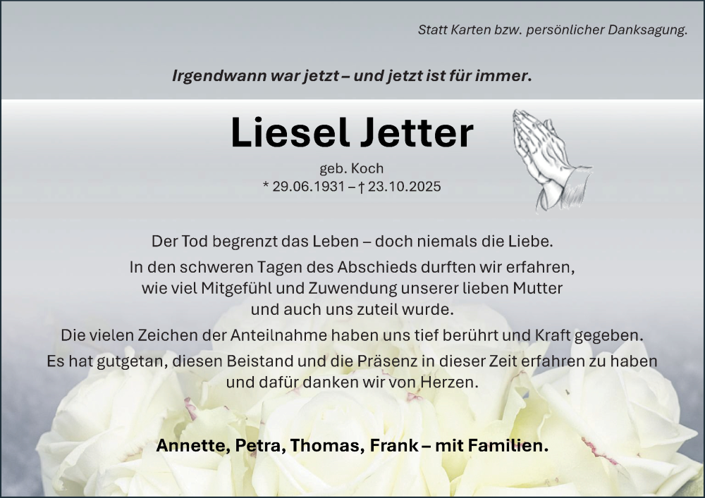  Traueranzeige für Liesel Jetter vom 06.12.2025 aus Tageszeitung