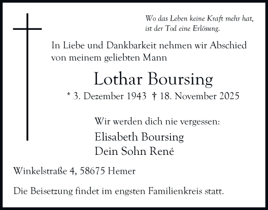 Traueranzeige von Lothar Boursing von Tageszeitung