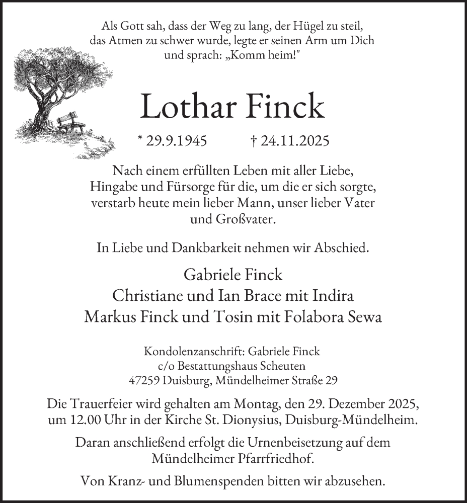  Traueranzeige für Lothar Finck vom 13.12.2025 aus Tageszeitung