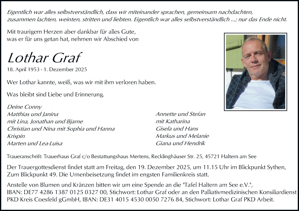  Traueranzeige für Lothar Graf vom 06.12.2025 aus Tageszeitung