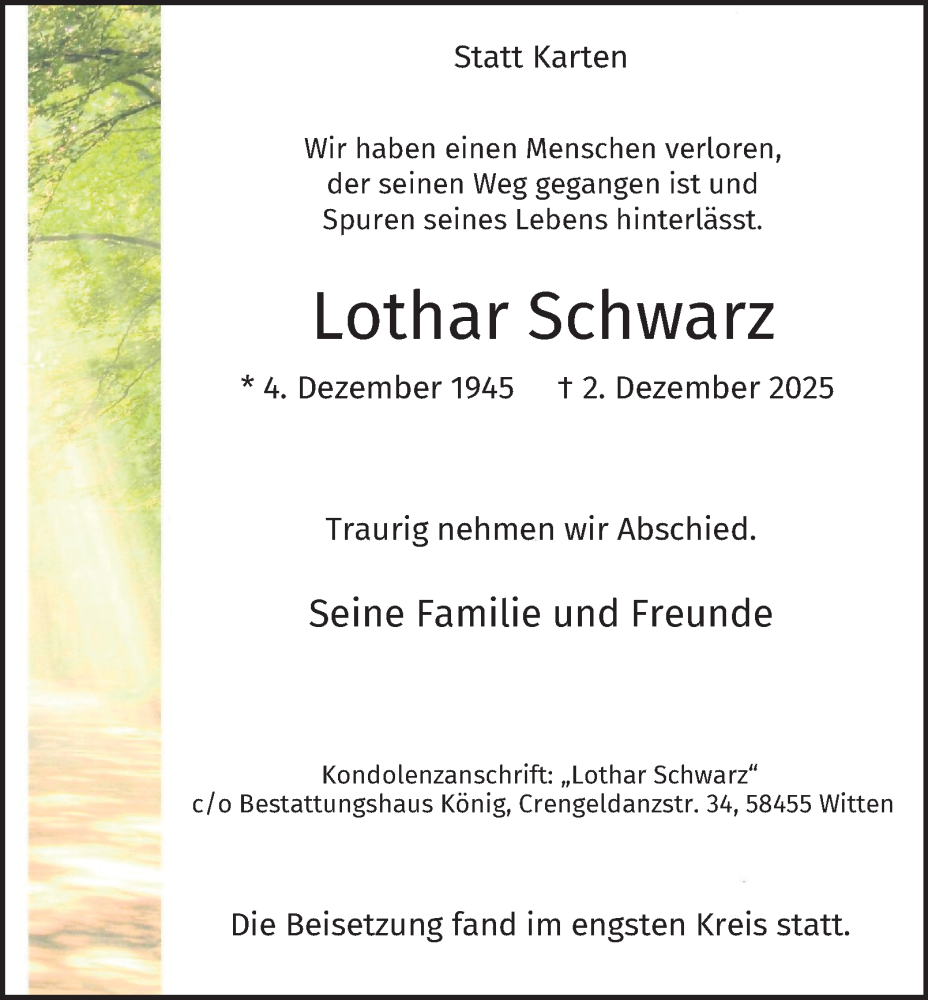  Traueranzeige für Lothar Schwarz vom 20.12.2025 aus Tageszeitung