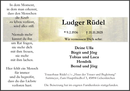 Traueranzeige von Ludger Rüdel von Tageszeitung