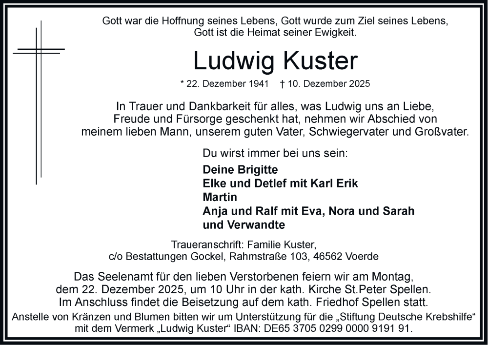  Traueranzeige für Ludwig Kuster vom 17.12.2025 aus Tageszeitung