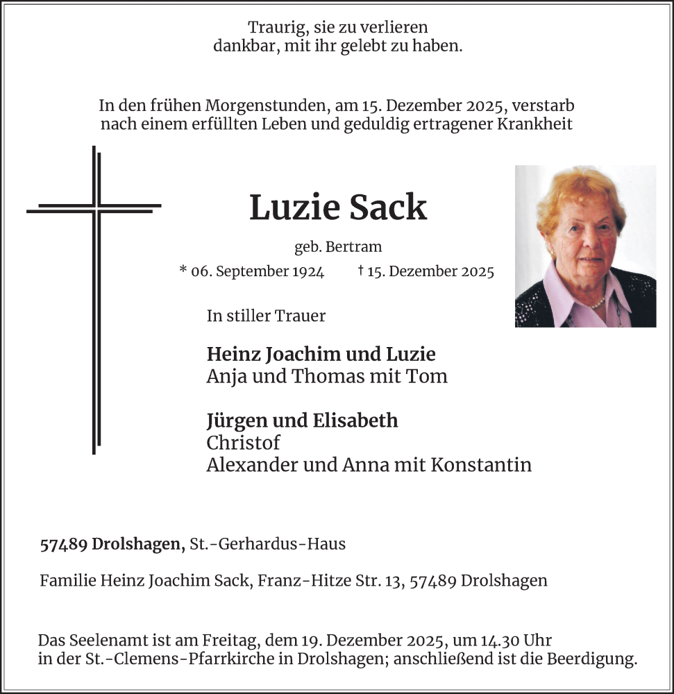  Traueranzeige für Luzie Sack vom 18.12.2025 aus Tageszeitung