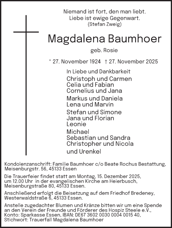 Traueranzeige von Magdalena Baumhoer von Tageszeitung