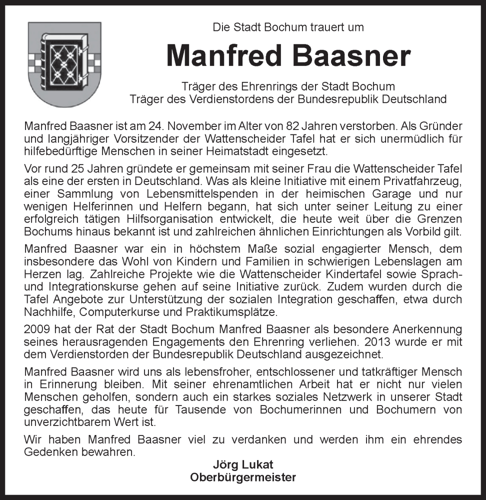  Traueranzeige für Manfred Baasner vom 13.12.2025 aus Tageszeitung