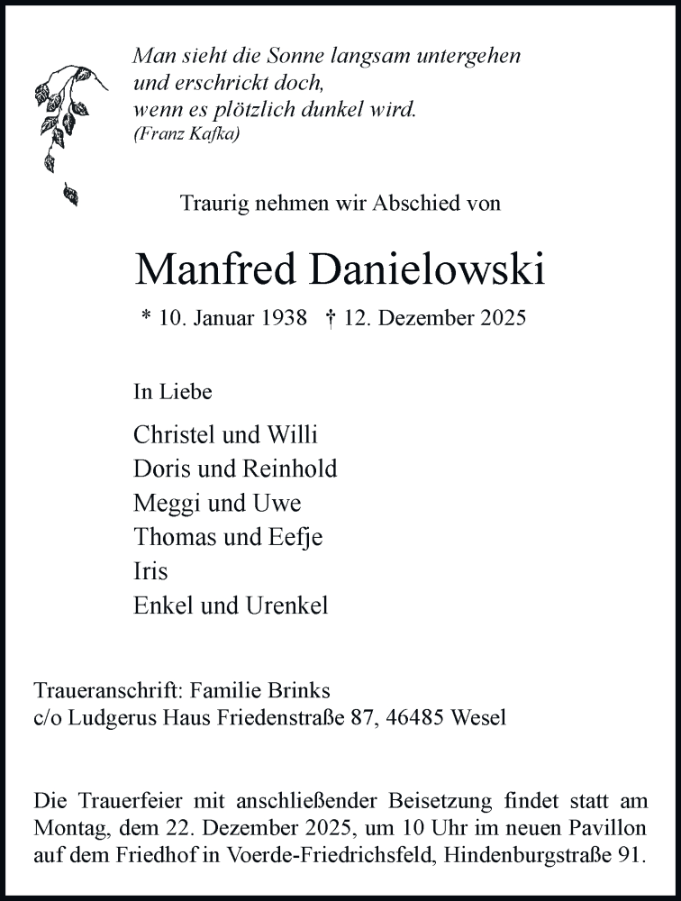  Traueranzeige für Manfred Danielowski vom 20.12.2025 aus Tageszeitung