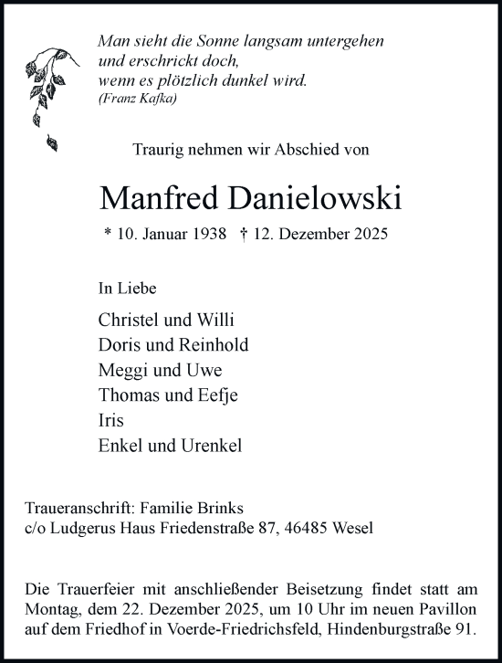 Traueranzeige von Manfred Danielowski von Tageszeitung