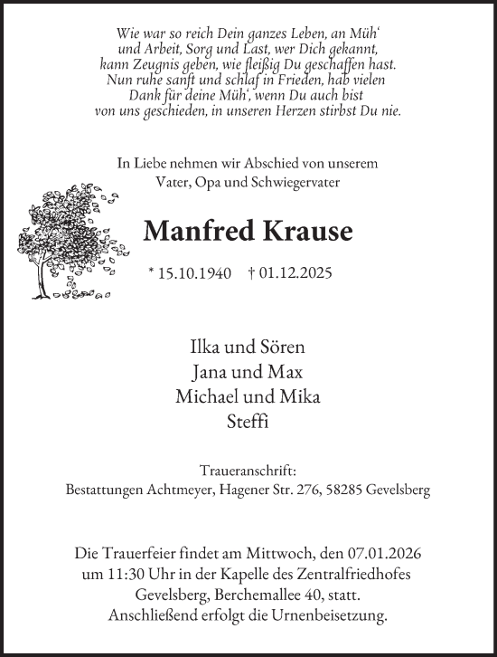 Traueranzeige von Manfred Krause von Tageszeitung
