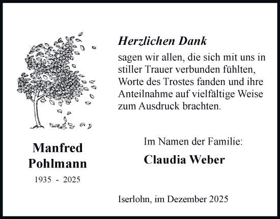 Traueranzeige von Manfred Pohlmann von Tageszeitung