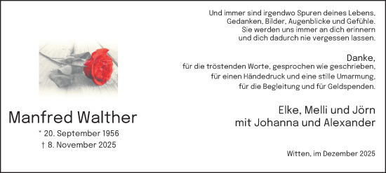 Traueranzeige von Manfred Walther von Tageszeitung