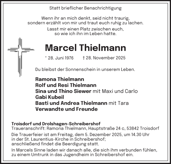 Traueranzeige von Marcel Thielmann von Tageszeitung