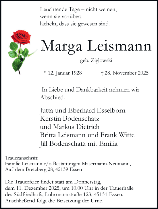 Traueranzeige von Marga Leismann von Tageszeitung