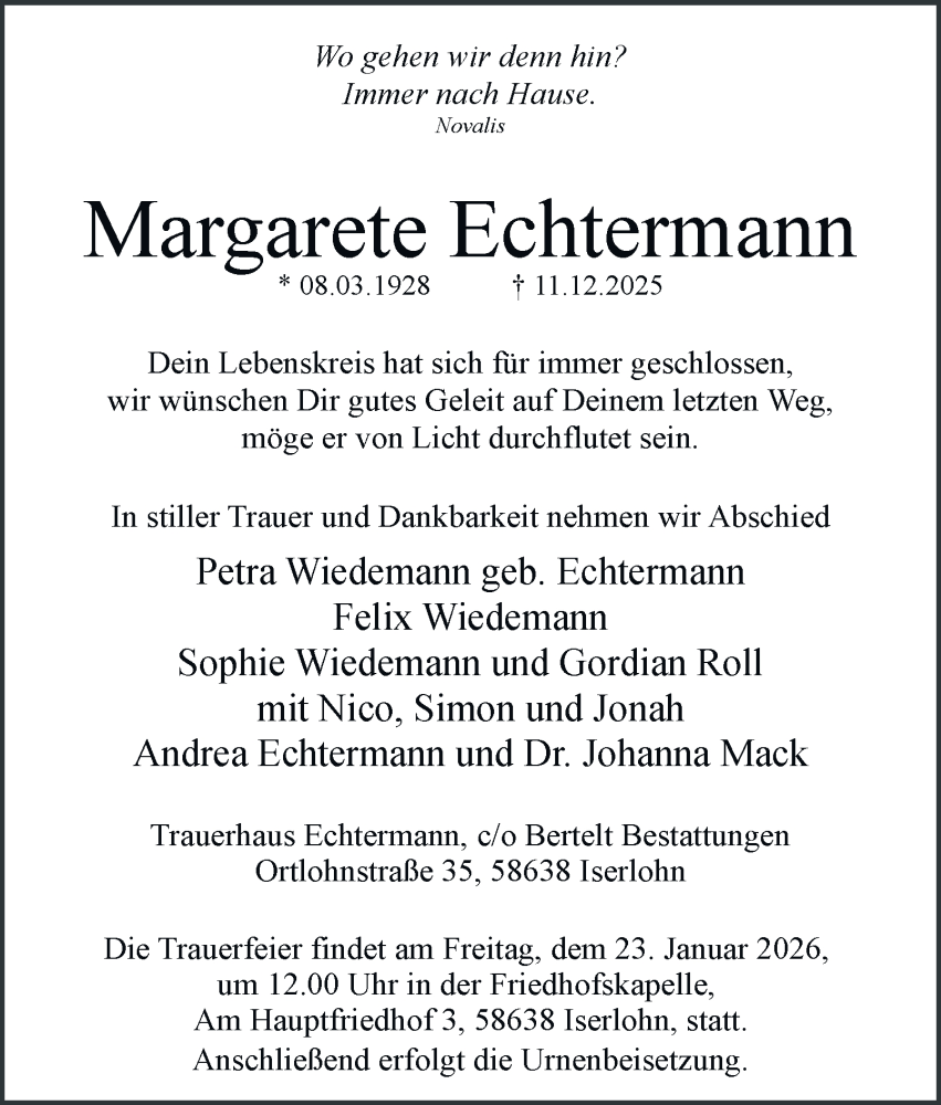  Traueranzeige für Margarete Echtermann vom 20.12.2025 aus Tageszeitung