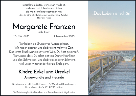 Traueranzeige von Margarete Franzen von Tageszeitung